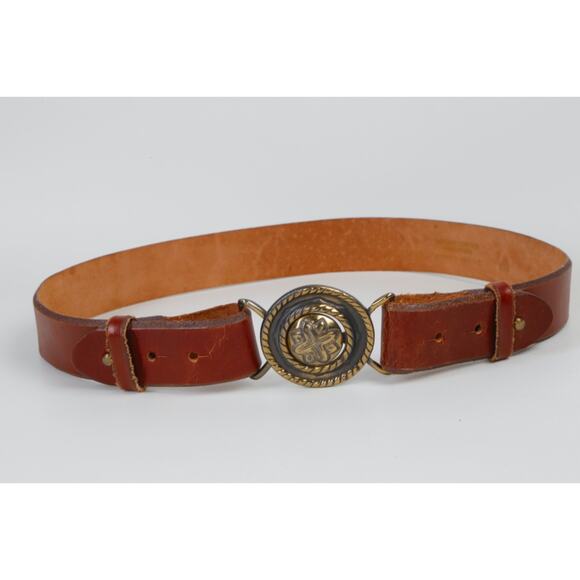 Vintage First Issue Brown Leather Belt Brass Medallion Buckle Size 30 main image 7